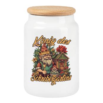 König des Schrebergartens Gartenzwerg Kleingarten  - Keksdose mit Holzdeckel - Weiß - Vorne