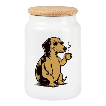 Chien avec tasse à café - Cadeau pour le propriétaire de chien - Boîte à biscuits avec couvercle en bois - blanc - Devant