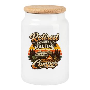 Retirement Full time Camper Retired Campsite - Cookie Jar with Wooden Lid - white - Front
