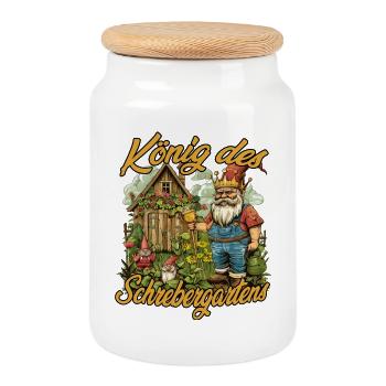 Schrebergarten Laube Gemüsebeet Gartenkönig Humor  - Keksdose mit Holzdeckel - Weiß - Vorne