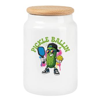 Joueur de pickleball Pickle Ballin - Boîte à biscuits avec couvercle en bois - blanc - Devant