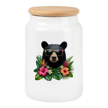 Tropical bear head with flower glasses - Cookie Jar with Wooden Lid - white - Front