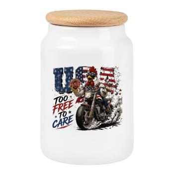 USA Too Free To Care Biker Rooster Motorcycle Freedom - Cookie Jar with Wooden Lid - white - Front