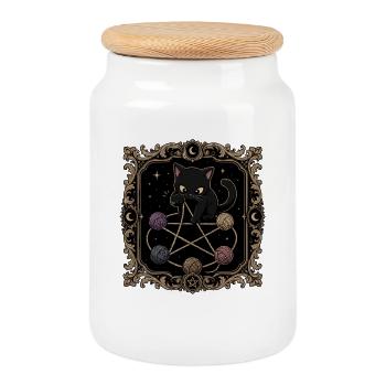 Black Cat Pentagram Spell - Cookie Jar with Wooden Lid - white - Front