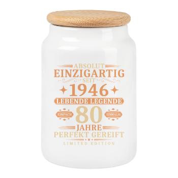 80. Geburtstag Einzigartig Jahrgang 1946 - Keksdose mit Holzdeckel - Weiß - Vorne