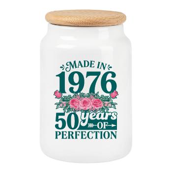 Made In 1976 50 Years Perfection Flowers - Cookie Jar with Wooden Lid - white - Front