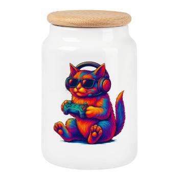 Neon Gaming Katze Zocken Gamer - Keksdose mit Holzdeckel - Weiß - Vorne