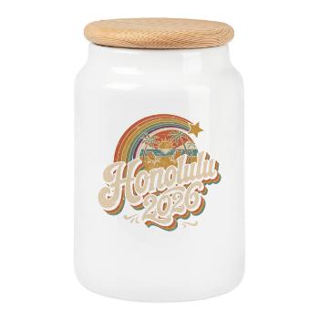 Honolulu 2026 Retro Tropen - Keksdose mit Holzdeckel - Weiß - Vorne