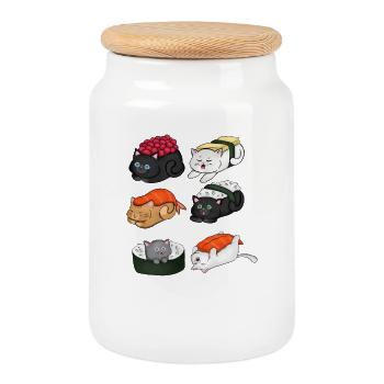 Sushi-Katzen süße Kawaii japanisches Feinschmeckergeschenk - Keksdose mit Holzdeckel - Weiß - Vorne