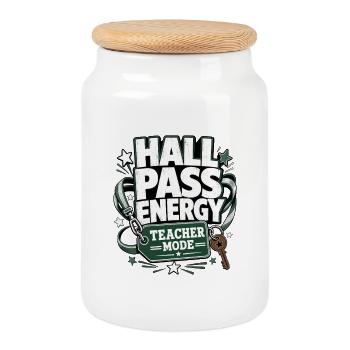 Funny Gift Shirts, Hall Pass Energy Teacher Mode - Cookie Jar with Wooden Lid - white - Front