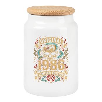 Original 1986 Skull with Snake - Cookie Jar with Wooden Lid - white - Front
