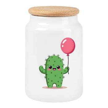 Cactus with balloon - Cookie Jar with Wooden Lid - white - Front