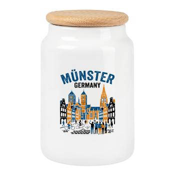 Münster Germany Skyline With Cyclists And Tourists - Cookie Jar with Wooden Lid - white - Front