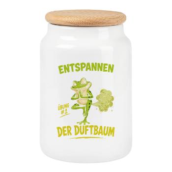 Entspannter Frosch Yoga Duftbaum - Keksdose mit Holzdeckel - Weiß - Vorne