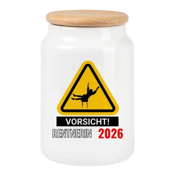 Vorsicht! Rentnerin 2026 - Keksdose mit Holzdeckel - Weiß - Vorne