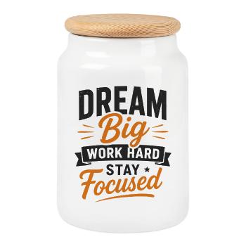 Dream Big Work Hard Stay Focused Saying Quote - Cookie Jar with Wooden Lid - white - Front