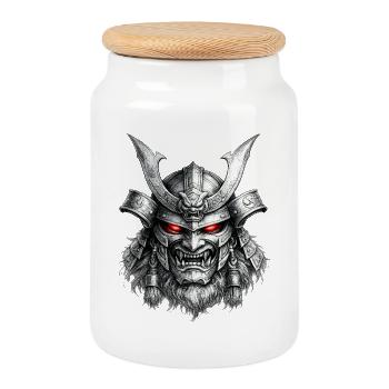 Samurai Mask Warrior Japanese Demon Art - Cookie Jar with Wooden Lid - white - Front