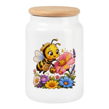 bee honey beekeeper honeycomb flowers meadow insect - Cookie Jar with Wooden Lid - white - Front