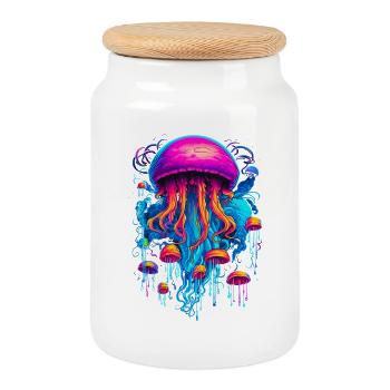 Colorful Rhapsody: Jellyfish in Cosmic Harmony - Cookie Jar with Wooden Lid - white - Front