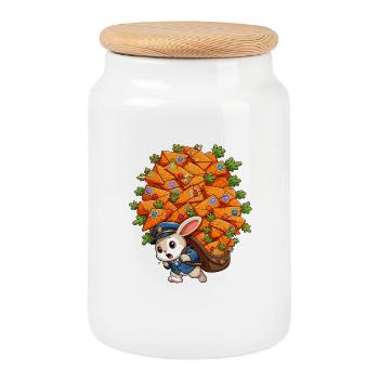Rabbit Postman and Carrot Packages - Cookie Jar with Wooden Lid - white - Front