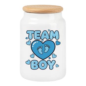 Révélation du sexe de l’équipe garçon baby shower bébé genre maman - Boîte à biscuits avec couvercle en bois - blanc - Devant