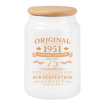 75. Geburtstag Jahrgang 1951 Geschenk - Keksdose mit Holzdeckel - Weiß - Vorne