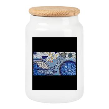 Mosaic Bicycle in Blue Tones - Cookie Jar with Wooden Lid - white - Front