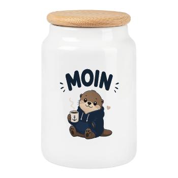 Moin Otter mit Kaffee Hoodie - Keksdose mit Holzdeckel - Weiß - Vorne