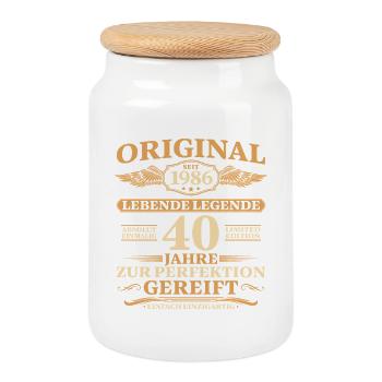 Geschenk Idee 40. Geburtstag Baujahr 1986 - Keksdose mit Holzdeckel - Weiß - Vorne