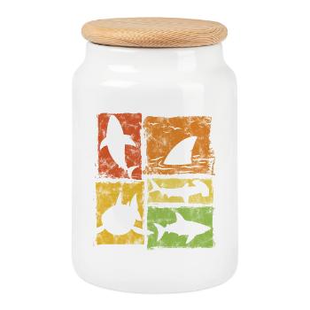 Graphisme de silhouettes vintage de requin - Boîte à biscuits avec couvercle en bois - blanc - Devant