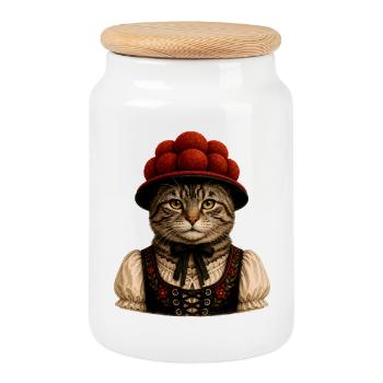 Schwarzwald Katze mit Bollenhut - Keksdose mit Holzdeckel - Weiß - Vorne