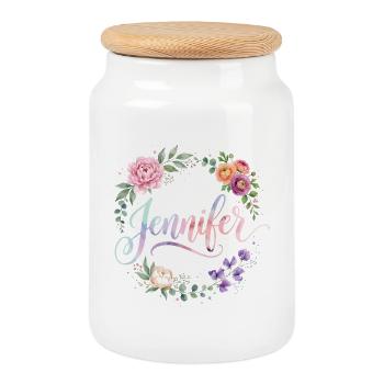 Jennifer Blütenkranz - Cookie Jar with Wooden Lid - white - Front