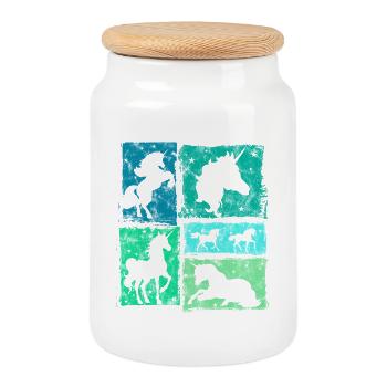 Einhorn in Perspektiven – Retro-Stil Mit Sternen - Keksdose mit Holzdeckel - Weiß - Vorne