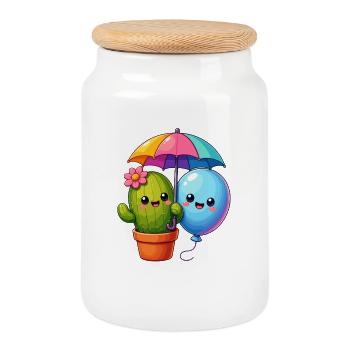 Kaktus und Ballon Regenbogenfreude - Keksdose mit Holzdeckel - Weiß - Vorne