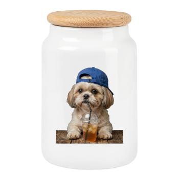 Chien avec un bouchon buvant du café glacé - Boîte à biscuits avec couvercle en bois - blanc - Devant