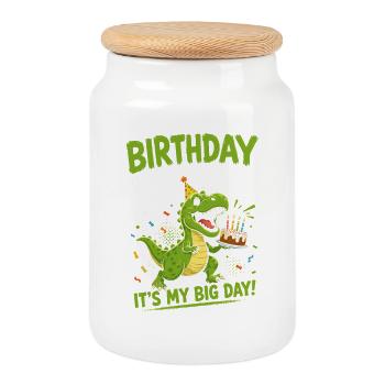 Gâteau Saurus d’anniversaire T-rex Dino Party Roar - Boîte à biscuits avec couvercle en bois - blanc - Devant