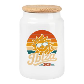 Ibiza Retro Sonne 2026 - Keksdose mit Holzdeckel - Weiß - Vorne