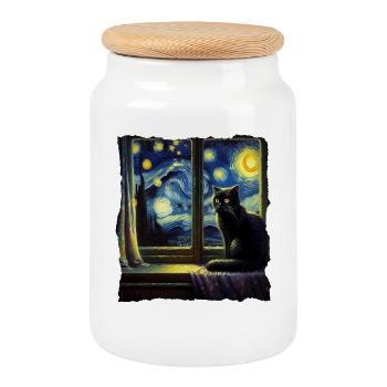 Nuit étoilée du chat noir - Boîte à biscuits avec couvercle en bois - blanc - Devant