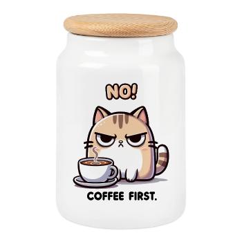 NON! Café d’abord ! Chat mignon. - Boîte à biscuits avec couvercle en bois - blanc - Devant