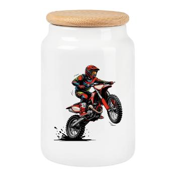 Motocross-Rennfahrer im Sprint - Keksdose mit Holzdeckel - Weiß - Vorne
