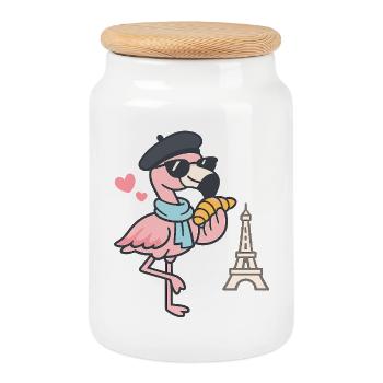 Pariser Flamingo mit Croissant - Keksdose mit Holzdeckel - Weiß - Vorne