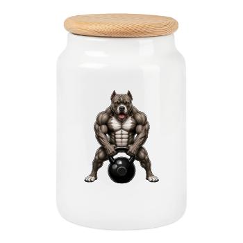 Pitbull Dog Bodybuilder Fitness Workout Muscles - Cookie Jar with Wooden Lid - white - Front