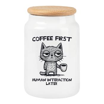 Café pour chat d’abord, humain ensuite - Boîte à biscuits avec couvercle en bois - blanc - Devant