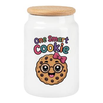 Un Cookie Intelligent - Cookie Intelligent avec des Lunettes - Boîte à biscuits avec couvercle en bois - blanc - Devant