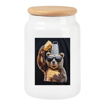 Bear with cheese, grater and sunglasses - Cookie Jar with Wooden Lid - white - Front