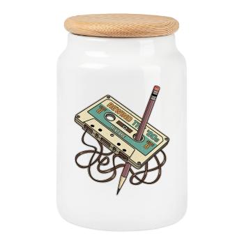 Cassette musicale rétro des années 80 avec crayon - Boîte à biscuits avec couvercle en bois - blanc - Devant