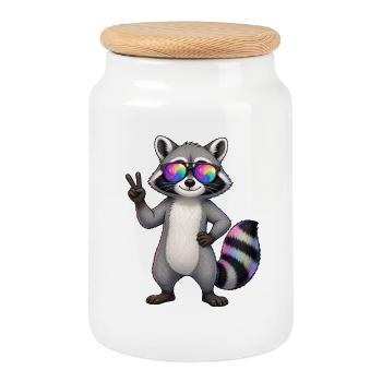 Waschbär mit Sonnenbrille und Peace Zeichen - Keksdose mit Holzdeckel - Weiß - Vorne
