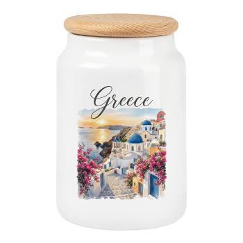 Greek coastal idyll with blue domes - Cookie Jar with Wooden Lid - white - Front