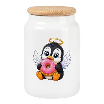 Süßer Engel Pinguin Donut Cartoon - Keksdose mit Holzdeckel - Weiß - Vorne