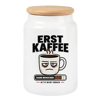 Erst Kaffee dann Menschen Morgenmuffel - Keksdose mit Holzdeckel - Weiß - Vorne